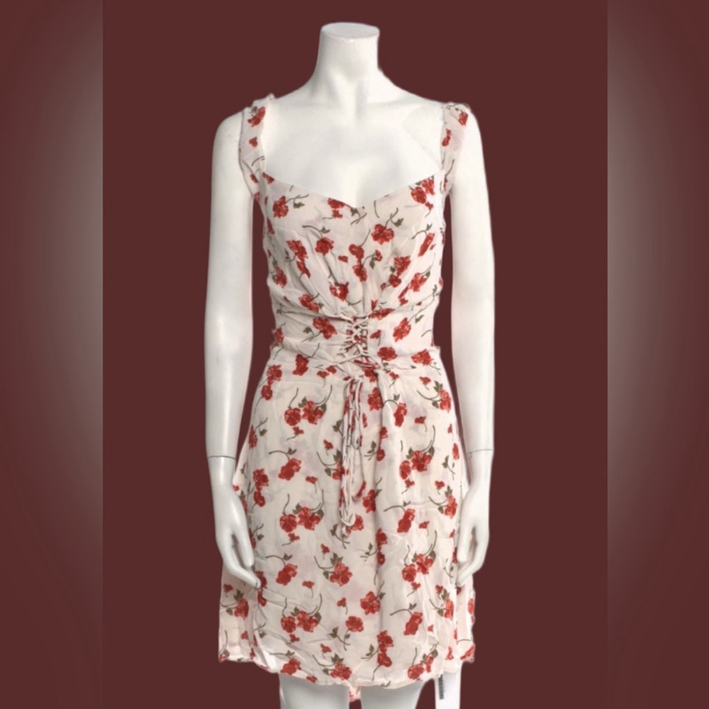 🌹 Reformation Jess Jubilee Dress | Size 22 Red Floral Lace Up Corset Mini Plus - Picture 6 of 6